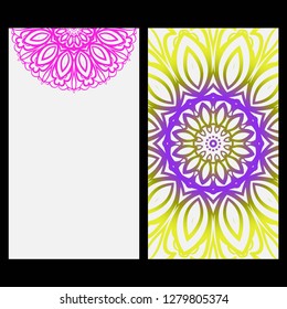Card template with floral mandala pattern. Business card for fitness center, sport emblem, meditation class. Vector illustration