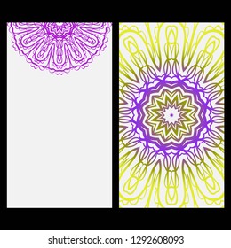 Card template with floral mandala pattern. Business card for fitness center, sport emblem, meditation class. Vector illustration