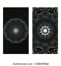 Card Template With Floral Mandala Pattern. Business Card For Fitness Center, Sport Emblem, Meditation Class. Vector Illustration. Black silver color.
