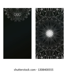 Card Template With Floral Mandala Pattern. Business Card For Fitness Center, Sport Emblem, Meditation Class. Vector Illustration. Black silver color.