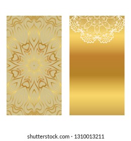 Card Template With Floral Mandala Pattern. Business Card For Fitness Center, Sport Emblem, Meditation Class. Vector Illustration. Gold color.