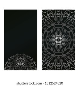 Card Template With Floral Mandala Pattern. Business Card For Fitness Center, Sport Emblem, Meditation Class. Vector Illustration. Black silver color.