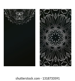 Card Template With Floral Mandala Pattern. Business Card For Fitness Center, Sport Emblem, Meditation Class. Vector Illustration. Black silver color.