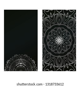 Card Template With Floral Mandala Pattern. Business Card For Fitness Center, Sport Emblem, Meditation Class. Vector Illustration. Black silver color.