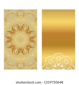 Card Template With Floral Mandala Pattern. Business Card For Fitness Center, Sport Emblem, Meditation Class. Vector Illustration. Gold color.