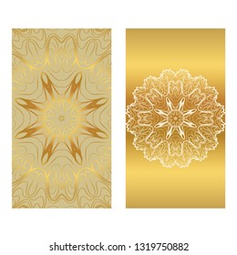Card Template With Floral Mandala Pattern. Business Card For Fitness Center, Sport Emblem, Meditation Class. Vector Illustration. Gold color.
