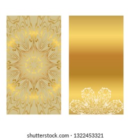Card Template With Floral Mandala Pattern. Business Card For Fitness Center, Sport Emblem, Meditation Class. Vector Illustration. Gold color.