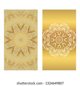 Card Template With Floral Mandala Pattern. Business Card For Fitness Center, Sport Emblem, Meditation Class. Vector Illustration. Gold color.