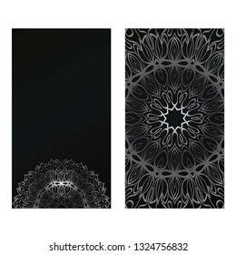 Card Template With Floral Mandala Pattern. Business Card For Fitness Center, Sport Emblem, Meditation Class. Vector Illustration. Black silver color.