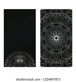 Card Template With Floral Mandala Pattern. Business Card For Fitness Center, Sport Emblem, Meditation Class. Vector Illustration. Black silver color.