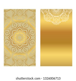 Card Template With Floral Mandala Pattern. Business Card For Fitness Center, Sport Emblem, Meditation Class. Vector Illustration. Gold color.