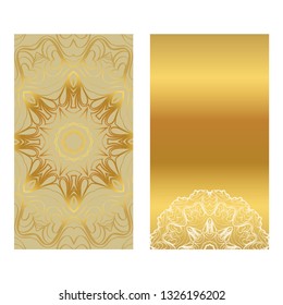 Card Template With Floral Mandala Pattern. Business Card For Fitness Center, Sport Emblem, Meditation Class. Vector Illustration. Gold color.