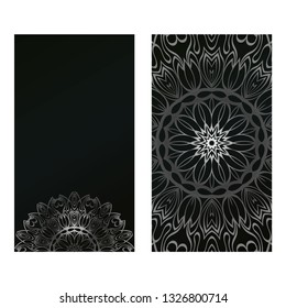 Card Template With Floral Mandala Pattern. Business Card For Fitness Center, Sport Emblem, Meditation Class. Vector Illustration. Black silver color.