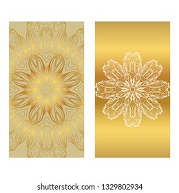 Card Template With Floral Mandala Pattern. Business Card For Fitness Center, Sport Emblem, Meditation Class. Vector Illustration. Gold color.