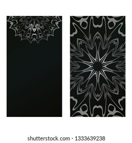 Card Template With Floral Mandala Pattern. Business Card For Fitness Center, Sport Emblem, Meditation Class. Vector Illustration. Black silver color.