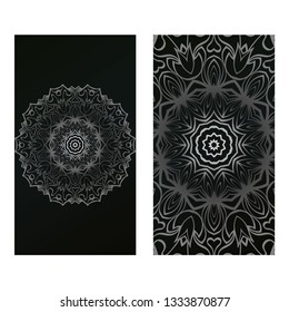 Card Template With Floral Mandala Pattern. Business Card For Fitness Center, Sport Emblem, Meditation Class. Vector Illustration. Black silver color.