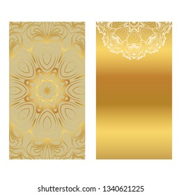 Card Template With Floral Mandala Pattern. Business Card For Fitness Center, Sport Emblem, Meditation Class. Vector Illustration. Gold color.