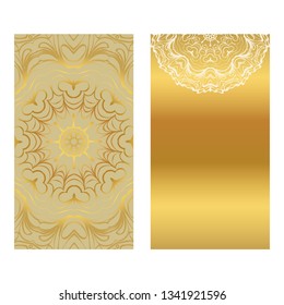 Card Template With Floral Mandala Pattern. Business Card For Fitness Center, Sport Emblem, Meditation Class. Vector Illustration. Gold color.