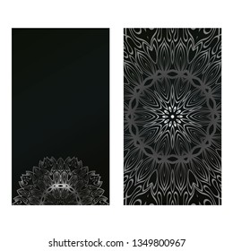 Card Template With Floral Mandala Pattern. Business Card For Fitness Center, Sport Emblem, Meditation Class. Vector Illustration. Black silver color.