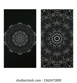 Card Template With Floral Mandala Pattern. Business Card For Fitness Center, Sport Emblem, Meditation Class. Vector Illustration. Black silver color.