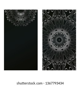 Card Template With Floral Mandala Pattern. Business Card For Fitness Center, Sport Emblem, Meditation Class. Vector Illustration. Black silver color.