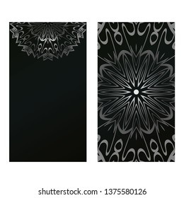 Card Template With Floral Mandala Pattern. Business Card For Fitness Center, Sport Emblem, Meditation Class. Vector Illustration. Black silver color.