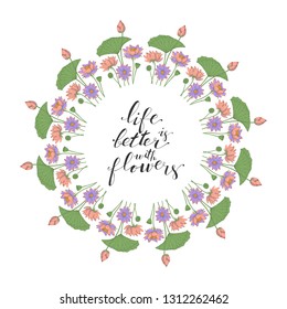 Card template with floral motif on white background, lotus flowers decoration, hand lettering life is better with flowers