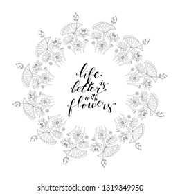 Card template with floral motif on white background, lotus flowers decoration, hand lettering life is better with flowers