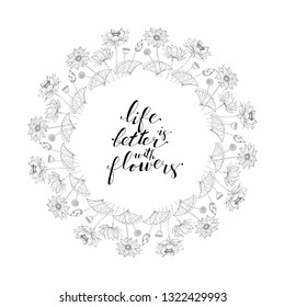 Card template with floral motif on white background, lotus flowers decoration, hand lettering life is better with flowers