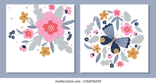 card template with flowers and butterfly