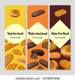 Card template food with bread products.  Whole wheat bread,  yeast-free bread, gluten free bread. Flat style, vector illustration.