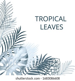 Card, template, footer, banner  blue watercolor and flat palm exotics and monstera leaves. Vector modern illustration.