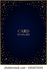 Card template with frame of golden confetti and stars on a dark blue background.
