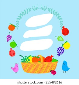 Card template with fruit basket, bird and ladybug. Editable vector illustration