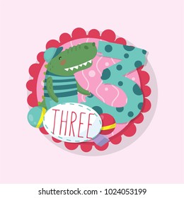 Card template for fun kids math game. Colorful round emblem with adorable crocodile and number 3. Flat vector for birthday postcard, children s education book or baby shower
