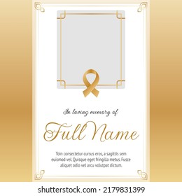 card template funeral with golden ribbon and photo frame. Vector illustration for condolence card in golden colors