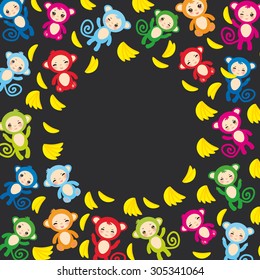card template, funny green blue pink orange monkey, yellow bananas, boys and girls on black background. Vector