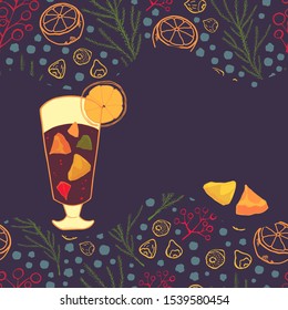 Card template with glass of mulled wine and fruits. Outline pattern with cut orange, nuts, berries, spruce branches and snowflakes on top and bottom. Christmas vector illustration in hand drawn style.