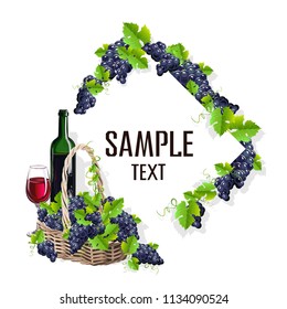 Card template with a glass of wine and grapes. Vector illustration.