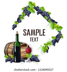 Card template with a glass of wine and grapes. Vector illustration.