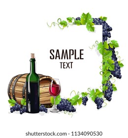 Card template with a glass of wine and grapes. Vector illustration.