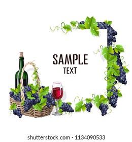 Card template with a glass of wine and grapes. Vector illustration.