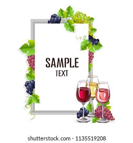 Card template with a glass of wine and grapes. Vector illustration.