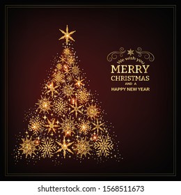 Card Template with Gold Shining Snowflakes. Sparkle light decoration. Bright shiny star design.Elegant
Christmas 