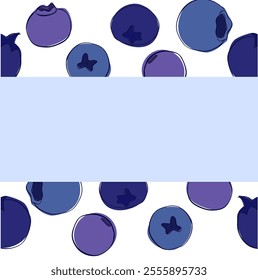 Card template with graphic line blueberries, vector frame border seamless, hand painted on a transparent background
