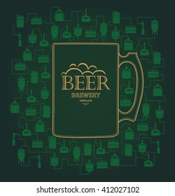 Card template - green mug with label on background with beer brewery elements, icons. Brewing process, brewery elements, traditional beer crafting. Vector