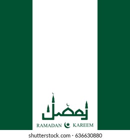 Card template with green ramadan kareem arabic lettering stylized as islam cult architecture building on white background with wide green side borders. Mosques and minarets.