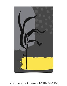 Card template with hand drawn abstract textures and black branch silhouette. Design element for  greeting card, postcard, poster. 