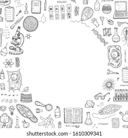 Card template with hand drawn biology images and other elemets. Science collection. Vector doodlle illustration