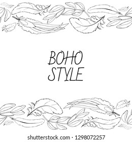 Card, template with hand drawn feathers of birds. Wreath with feathers boho style.  Vector black and white illustration. Seamless horizontal border.